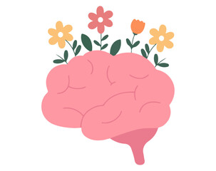 Floral Brain Icon – Pink Mind with Blooming Flowers Representing Creativity, Mental Health, and Emotional Growth