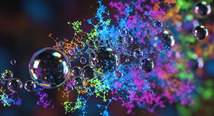 Abstract Colorful Fractal Network With Bubbles And Light Effects
