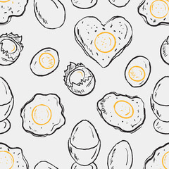 Hand drawn egg seamless pattern. Seamless design of fried, boiled, cracked, and heart-shaped eggs. Packaging print. Vector sketch illustration in crayon style with black and yellow accents