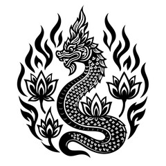 Obraz premium Thai Naga Vector Illustration with Lotus and Flame Motifs – Buddhist Art Design