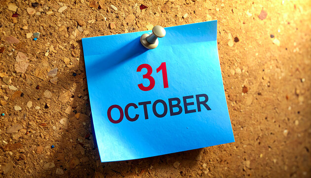 Pinned blue sticky note marking october thirty one on corkboard