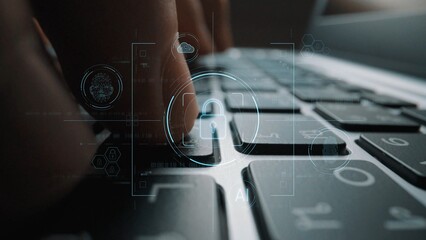 Cybersecurity system interface with biometric lock and data protection. Cybersecurity protects...