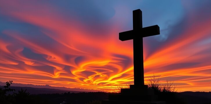 Silhouette of a dark cross set against a vibrant, colorful sunset sky, creating a dramatic and evocative image, colorful, heaven, twilight