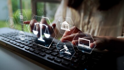 Futuristic digital law interface displaying justice scale, highlighting digital law, AI compliance,...