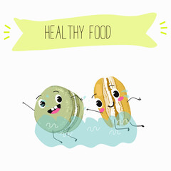  Macarons funny characters, hand drawn vector illustration.