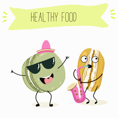  Macarons funny characters, hand drawn vector illustration.