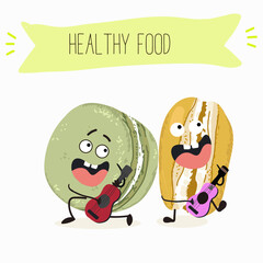  Macarons funny characters, hand drawn vector illustration.