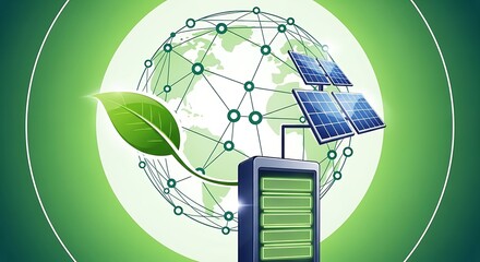 Illustration of eco-friendly technology, showcasing solar energy collection, battery storage, and a green global communication network