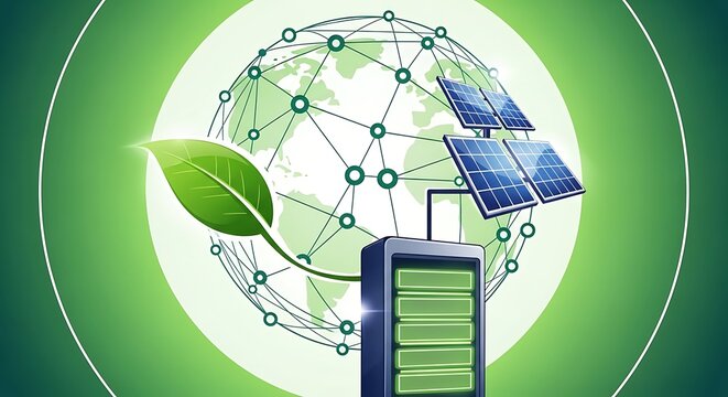 Illustration of eco-friendly technology, showcasing solar energy collection, battery storage, and a green global communication network
