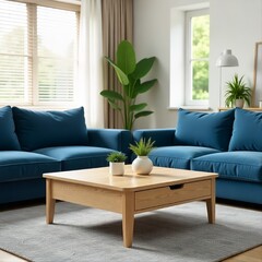 Stylish minimalist living room with decorative coffee table