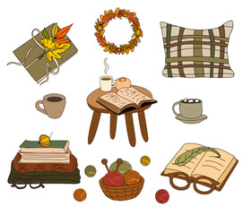 Cozy Autumn Hygge Set, Fall Home Decor Vector Illustrations