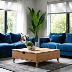 Modern living room with wooden coffee table and plush sofas