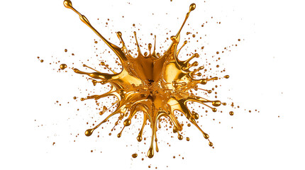 A splash of thick, liquid gold paint exploding outwards in a dynamic burst against a pure white background.
