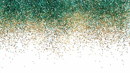 Sparkling green and gold glitter dust falling on white, creating a shimmering effect
