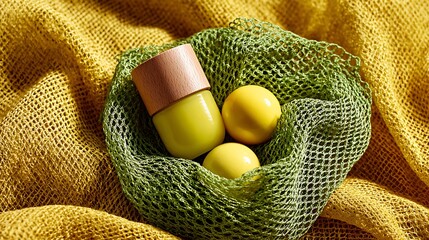A rustic arrangement of yellow fruits nestled within a green mesh bag on a textured golden fabric background