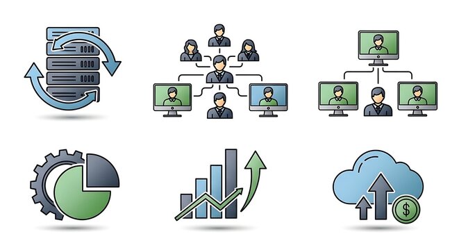 Modern business and technology icon set illustrating data management, team collaboration, financial growth, cloud computing, and organizational structure for digital solutions