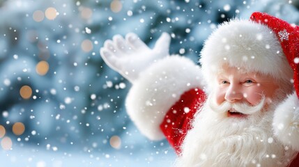 Cheerful Santa Claus Waving Hand in Falling Snow Christmas Scene