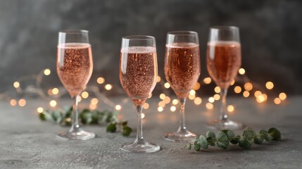 Four Rose Champagne Glasses with Bokeh Lights and Eucalyptus Decoration
