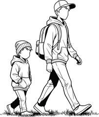 Two people walking, silhouette illustration, outdoor companionship, child and adult, black and white, hoodie outfit, everyday life, nature scene