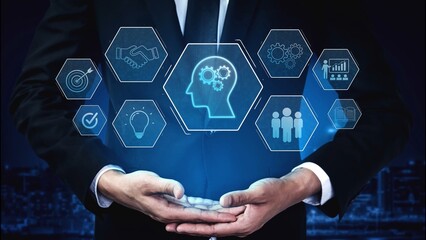 Head with gear and icons representing learning, digital training, and development process, showing skill growth for human or AI systems through knowledge or task optimization Marrow