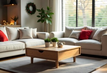 Modern living room with wooden coffee table and white sofas