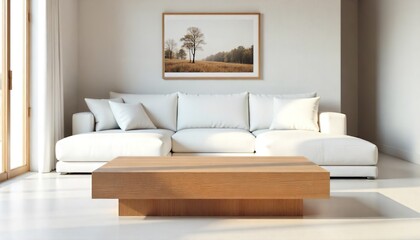 Elegant modern living room with white sofa, square wooden coffee table, and art d&eacute;cor.