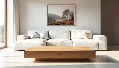 Elegant modern living room with white sofa, square wooden coffee table, and art d&eacute;cor.
