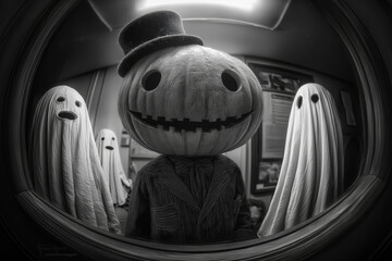 A pumpkin-headed gentleman in a top hat and suit with a sinister grin. Black and white photo. View through a peephole.