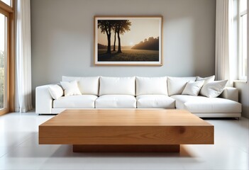 Contemporary home interior with wooden coffee table, white sofa, and minimalist art.