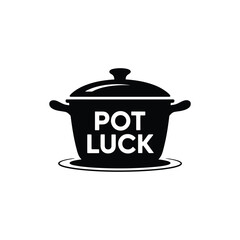 Black and white illustration of a pot with the words pot luck