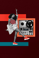 Sketch image art pop trend collage of happy girl guy dance together weekend retro radio playlist party friday mood boombox