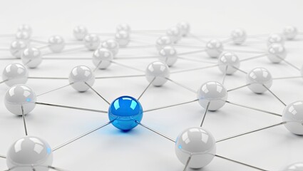 Network grid concept with connected spheres and one blue central node representing leadership and communication.