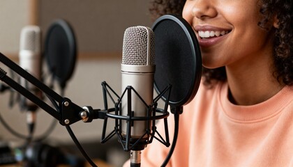 Young woman recording music in professional studio with microphone and pop filter, podcast, voice-over recording, radio hosting, or music creation.