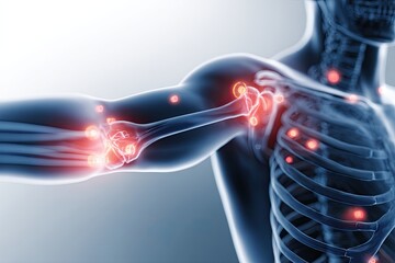 Medical representation of human joints with inflammation highlighting arthritis pain in shoulder, elbow, and hand.