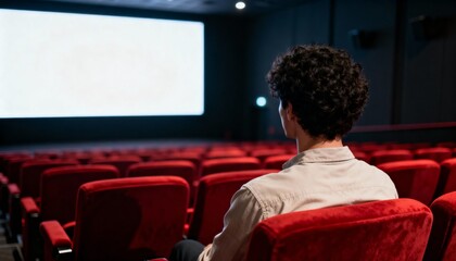 Young man sitting alone on a red velvet cinema seat waiting for the movie to start, solitary leisure, entertainment, and cultural experience.