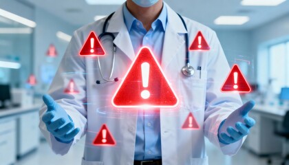 Doctor with digital warning icons standing in a modern laboratory or hospital environment highlighting medical risks and emergencies.