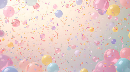 A playful collection of brightly colored, bouncing spheres and confetti falling against a soft pastel background.
