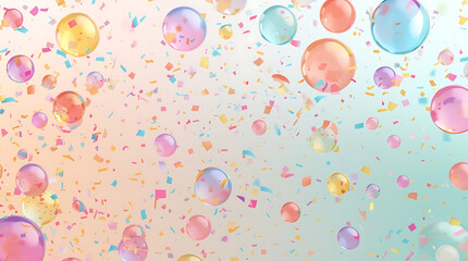 A playful collection of brightly colored, bouncing spheres and confetti falling against a soft pastel background.
