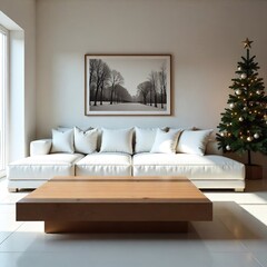 Wooden coffee table near white sofa in a modern living room, decorated for Christmas with tree, fairy lights, and cozy holiday accents.