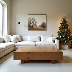Modern living room with white sofa, wooden coffee table, and festive Christmas d&eacute;cor with tree and lights.