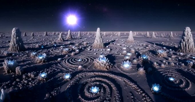 Surreal alien landscape with glowing flora under a starry night sky