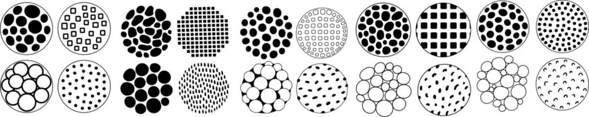 Collection of abstract geometric halftone patterns in circular shapes for graphic design elements and backgrounds
