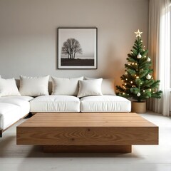 Modern living room with white sofa, wooden coffee table, and festive Christmas d&eacute;cor with tree and lights.