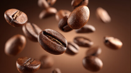 Obraz premium Falling roasted coffee beans isolated on brown background showing caffeine aroma and energy drink concept