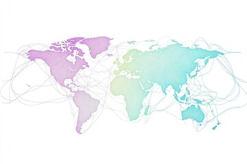 Fototapeta premium Global connectivity map showcasing international routes and connections in a colorful and stylized format for educational and illustrative purposes