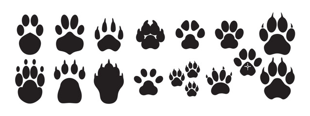 Animal Paw Prints and Tracks Vector Silhouette Icons Set: Wildlife, Pet, and Trail Graphics