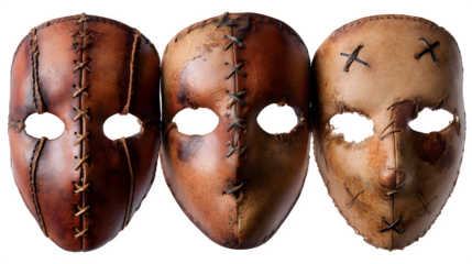 Uncover mystery and intrigue with these three handcrafted leather masks, perfect for creating suspenseful narratives and Halloween visual stories.