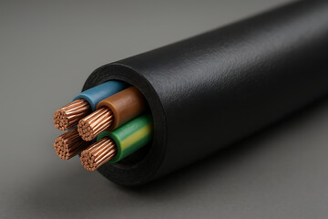 Fototapeta premium Electrical Cable Closeup: A detailed shot highlights the intricate design of an electrical cable, exposing the internal wires, representing the energy flow