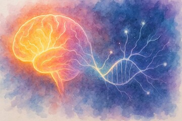 Watercolor illustration of a glowing human brain connected to a DNA helix on a cosmic background, symbolizing science and creativity, generative ai illustration.
