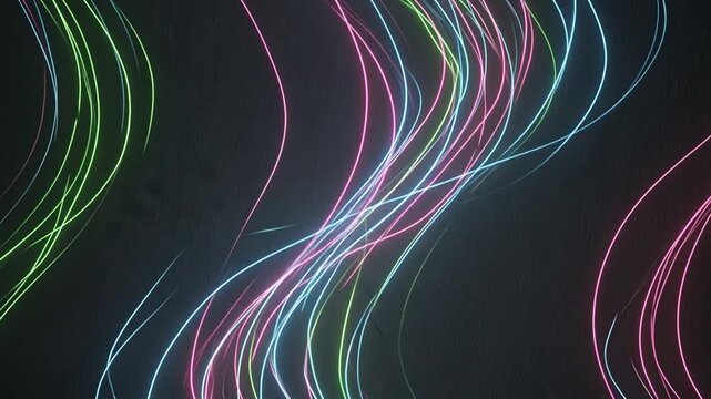 Futuristic neon light lines glow on black metal, abstract tech background